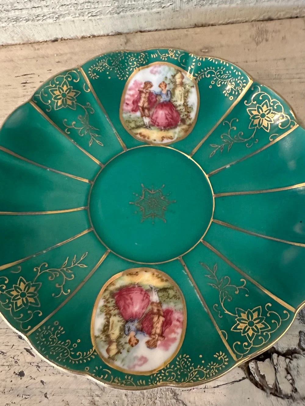 Lefton Scalloped Fluted Green Tea Cup  Hand Painted Courting Couple Romantic